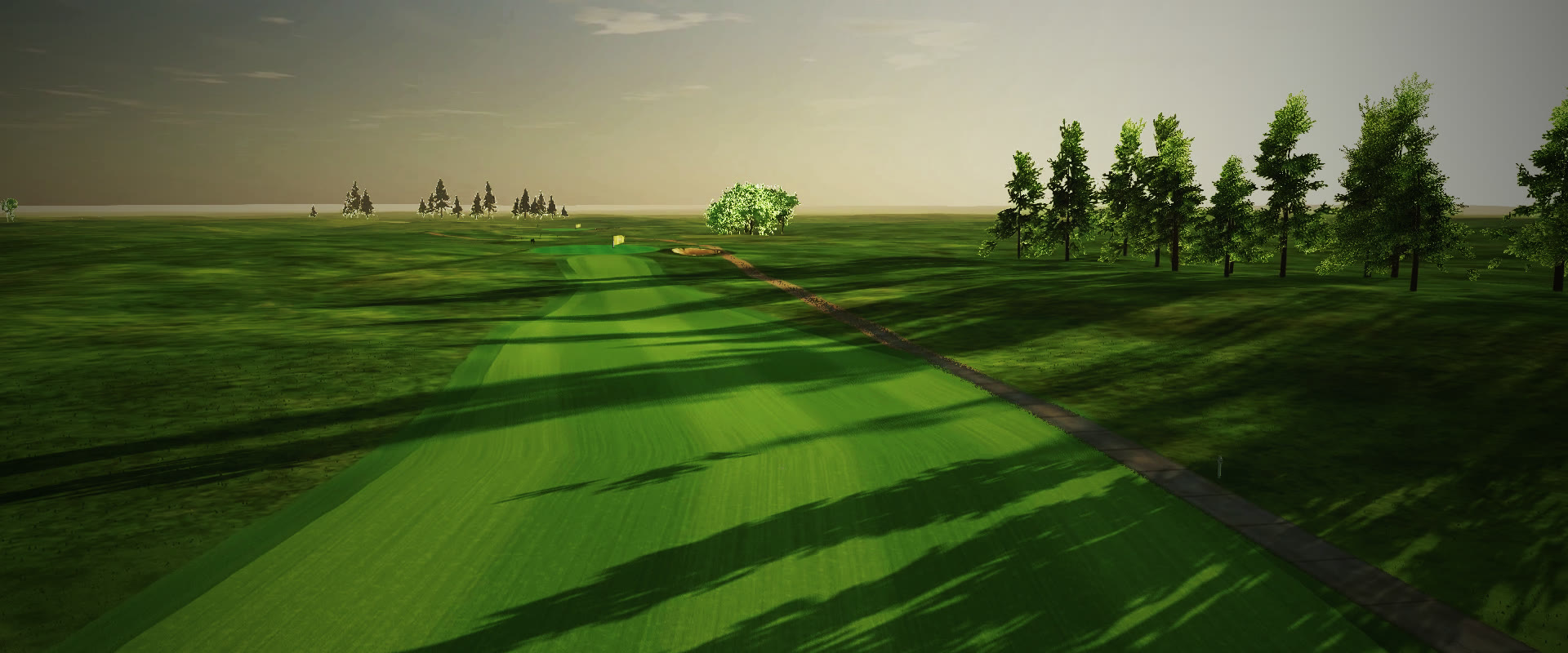 Low behind the ball on hole 1 at 6:24pm, long tree shadows lying across the fairway.